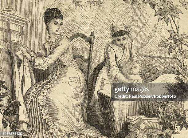 Illustration from La Mode Illustree showing a nursemaid bathing an infant in a bathtub whilst the mother looks on, the mother wears a dressing gown...