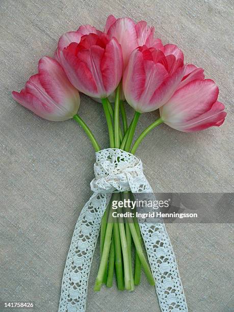 bunch of pink tulips tied with lace ribbon - ingrid henningsson stock pictures, royalty-free photos & images