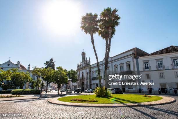 traffic circle with palm trees near  arco da vila, faro, portugal - arco 2019 stock-fotos und bilder