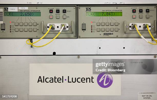 The Alcatel-Lucent company logo is seen on the side of a repeater testing unit, at the company's submarine networks division plant at Greenwich in...