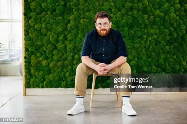portrait of office manager with beard sitting in front of large mossy backdrop - beige hose stock-fotos und bilder