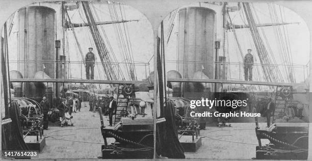 Stereoscopic image showing crew and passengers on the deck of the SS Great Eastern, an iron steamship designed by Isambard Kingdom Brunel, circa...