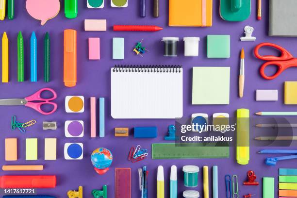 school supplies on purple background - scissors picture stock pictures, royalty-free photos & images