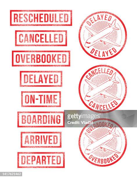 air travel rubber stamps airline plane tickets airfare airport flights - delayed sign stock illustrations