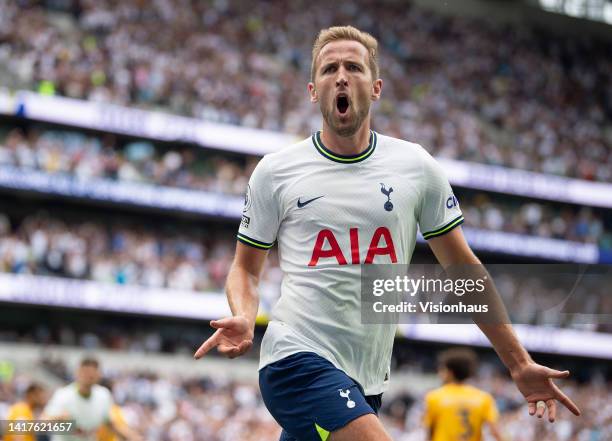 Harry Kane of Tottenham Hotspur celebrates scoring the winning goal during the Premier League match between Tottenham Hotspur and Wolverhampton...