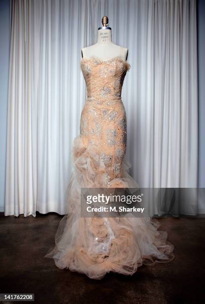 Designer Georgina Chapman's Marchesa dress, worn by Halle Berry to the 83rd Annual Academy Awards, is photographed at the Marchesa showroom for...