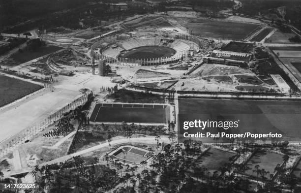 Aerial view of the Olympiastadion under construction in the Olympiapark in Berlin, Germany in 1935. The Olympiastadion will host the athletics events...