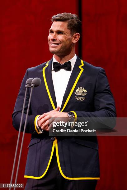 Tom Hawkins of the cats speaks after being named the 2022 All Australian Captain during the 2022 AFL Awards at Centrepiece on August 24, 2022 in...