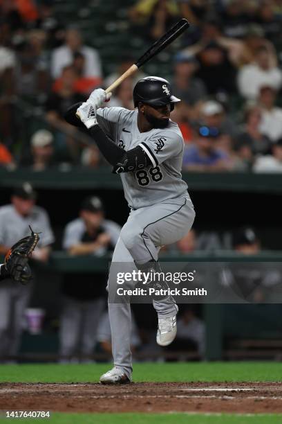 Luis Robert of the Chicago White Sox bats against the Baltimore Orioles at Oriole Park at Camden Yards on August 23, 2022 in Baltimore, Maryland.