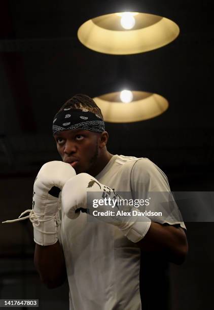 Is seen in actio during a Open Workout at Camden Boxing Club on August 24, 2022 in London, England.