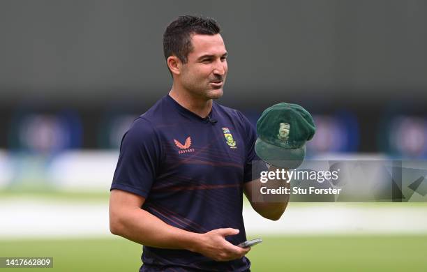 South Africa captain Dean Elgar holds a proteas cap during South Africa nets ahead of the Second Test match against England at Old Trafford on August...