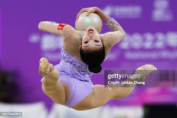 Zhang Yuhan of China compete in the all round o the rhythmic gymnastics on day two of the National Rhythmic Gymnastics Championship at Huanglong...