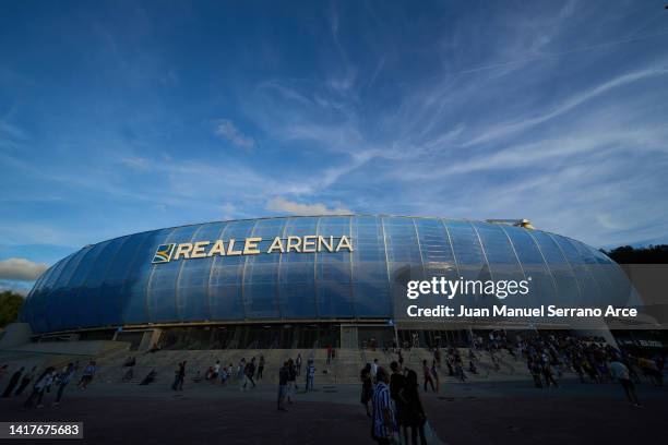 General view outside the stadium prior to the LaLiga Santander match between Real Sociedad and FC Barcelona at Reale Arena on August 21, 2022 in San...