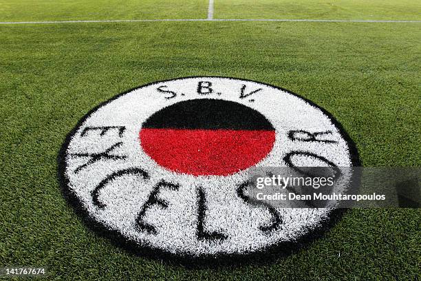 Detailed view of the S.B.V Excelsior logo printed on the synthetic / artificial pitch prior to the Eredivisie match between SC Excelsior Rotterdam...