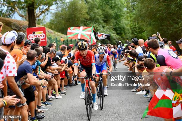 Fred Wright of United Kingdom and Team Bahrain Victorious and Rudy Molard of France and Team Groupama - FDJ compete in the chase group during the...