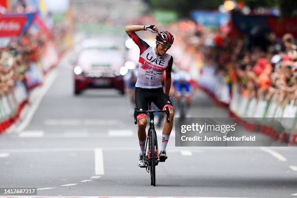 Marc Soler Gimenez of Spain and UAE Team Emirates celebrates winning during the 77th Tour of Spain 2022, Stage 5 a 187,2km stage from Irún to Bilbao...