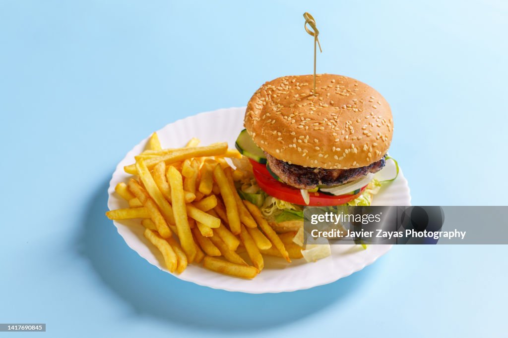 Vegan Burger With French Fries On A Blue Background