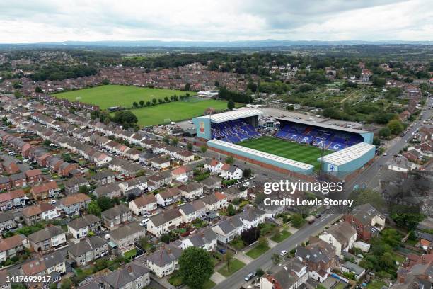 An aerial view of Prenton Park is seen ahead of the Carabao Cup Second Round match between Tranmere Rovers and Newcastle United at Prenton Park on...