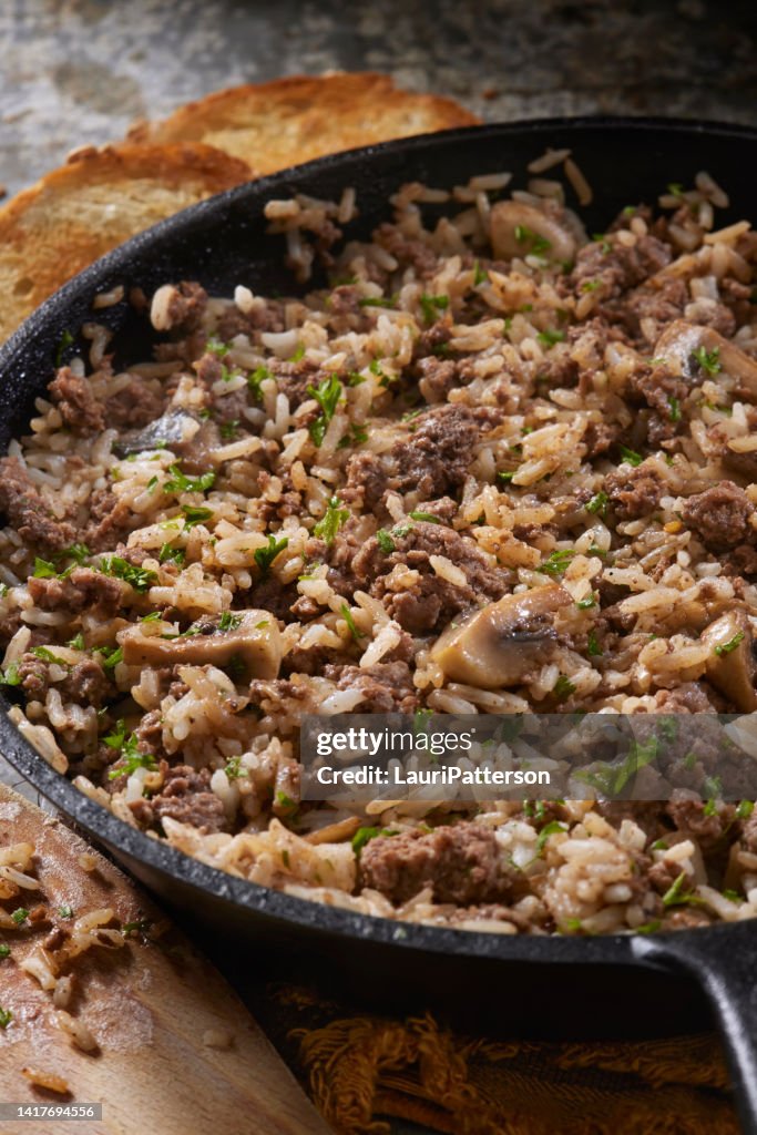 Ground Beef, Mushroom and Rice Stir Fry