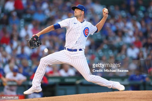 Drew Smyly of the Chicago Cubs delivers a pitch during the first inning against the St. Louis Cardinals at Wrigley Field on August 22, 2022 in...
