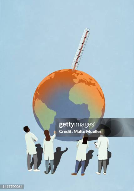 illustrations, cliparts, dessins animés et icônes de scientists studying global warming globe with thermometer - hot thermometer