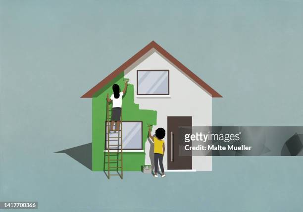women painting house green - 住宅リフォーム点のイラスト素材／クリップアート素材／マンガ素材／アイコン素材