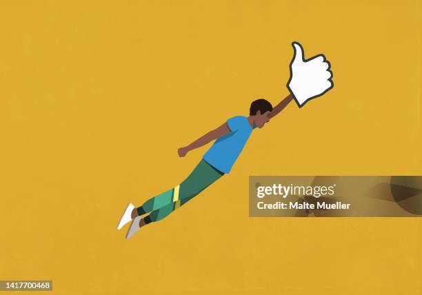 man riding flying social media like button against yellow background - 賞賛点のイラスト素材／クリップアート素材／マンガ素材／アイコン素材