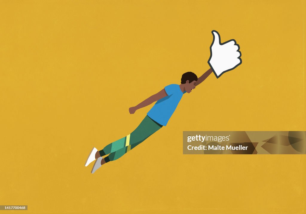 Man Riding Flying Social Media Like Button Against Yellow Background ...