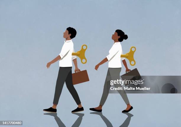 wind-up business people walking with briefcases - key duplication stock illustrations