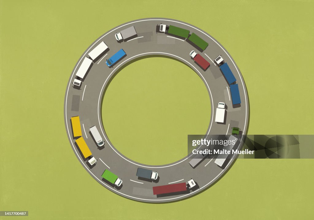 Roundabout View Graphics View From Above Trucks And Cars In Roundabout High-Res Vector Graphic ...