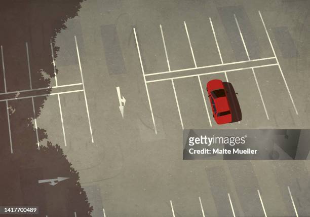 aerial view red car parked in parking lot - looking down stock illustrations