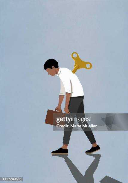 slumped, windup businessman walking with briefcase - exhaustion stock-grafiken, -clipart, -cartoons und -symbole