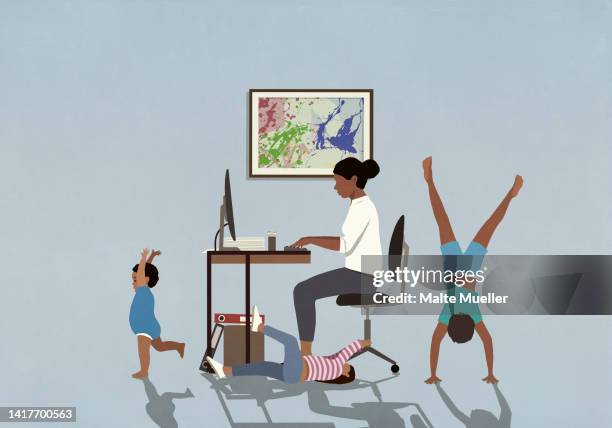 ilustraciones, imágenes clip art, dibujos animados e iconos de stock de kids playing around mother working from home at computer - working mother