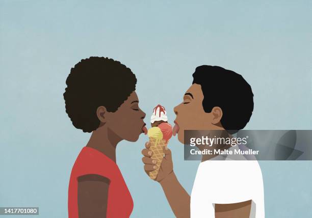 couple sharing ice cream cone - sharing food stock illustrations