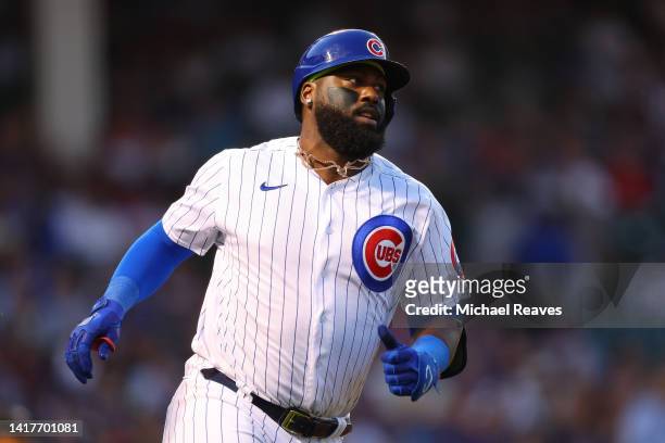 Franmil Reyes of the Chicago Cubs in action against the St. Louis Cardinals at Wrigley Field on August 22, 2022 in Chicago, Illinois.
