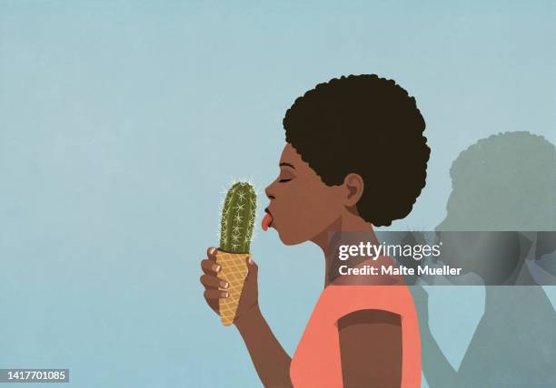 woman eating cactus ice cream cone - eating ice cream stock illustrations