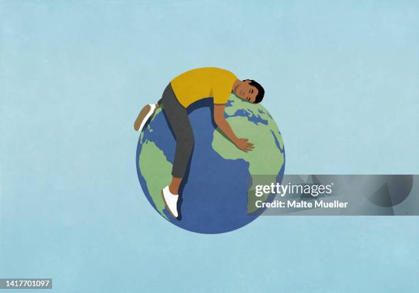 man sleeping on top of globe - illustration and painting stock illustrations