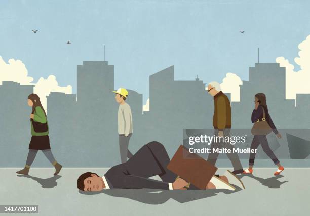 stockillustraties, clipart, cartoons en iconen met exhausted businessman sleeping on city sidewalk - overwerkt