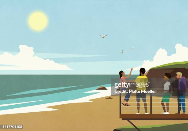friends on balcony at sunny, summer ocean beach - holiday stock illustrations