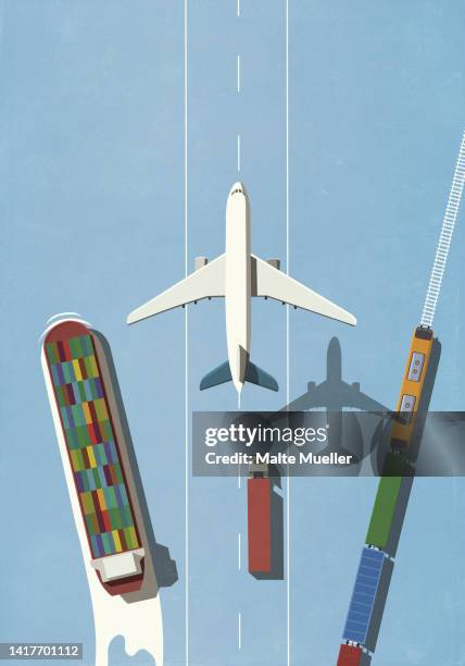 stockillustraties, clipart, cartoons en iconen met view from above variety of shipping vehicles - industrieel schip