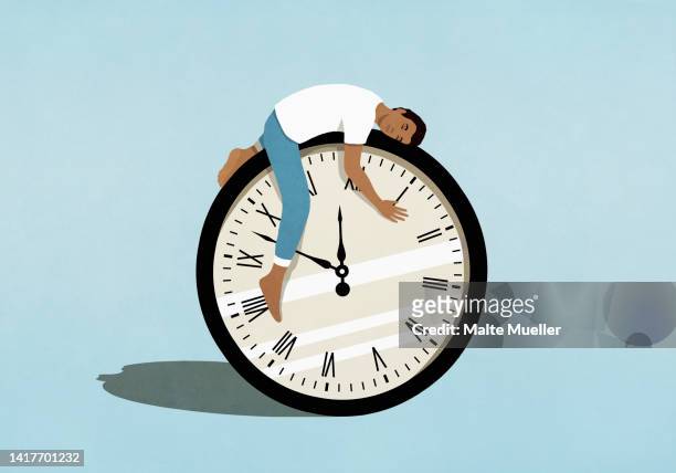 man sleeping on top of clock - exhaustion stock-grafiken, -clipart, -cartoons und -symbole