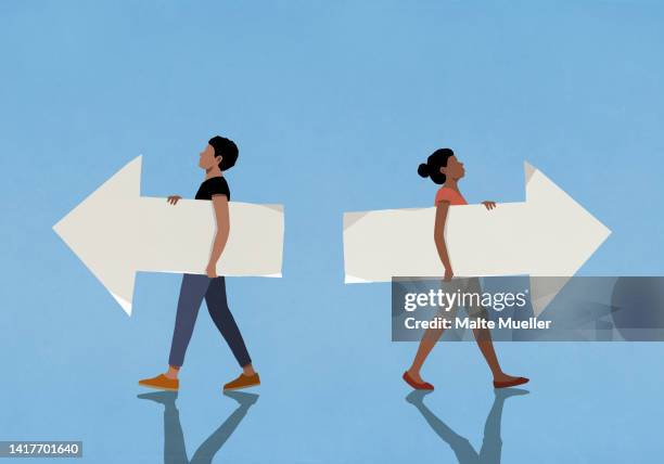 couples with opposite arrows walking away from each other - scheidung stock-grafiken, -clipart, -cartoons und -symbole