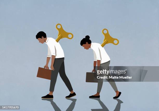 slumped windup business people walking on blue background - emotional stress stock illustrations