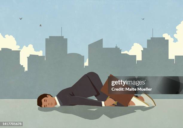 ilustrações, clipart, desenhos animados e ícones de exhausted businessman sleeping on city sidewalk - super carregado