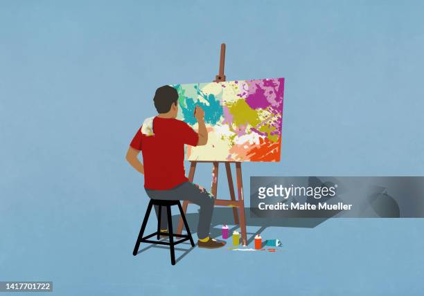 man painting at easel and canvas - canvas点のイラスト素材／クリップアート素材／マンガ素材／アイコン素材