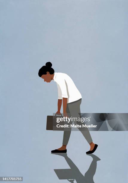 slumped, tired businesswoman walking with briefcase - erschöpft stock-grafiken, -clipart, -cartoons und -symbole