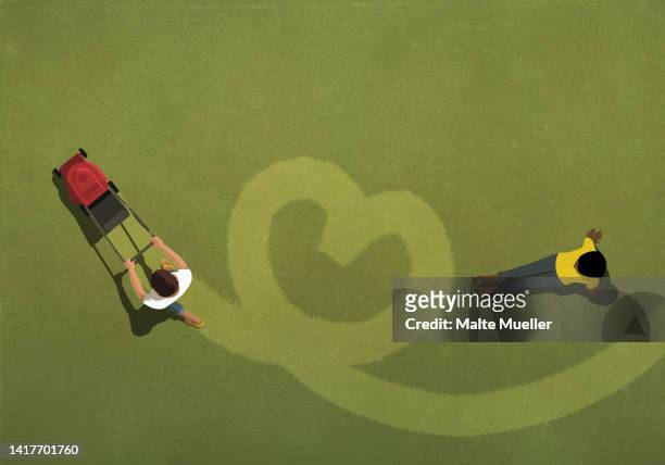 illustrazioni stock, clip art, cartoni animati e icone di tendenza di couple mowing heart-shape in lawn with lawn mower - tagliaerba