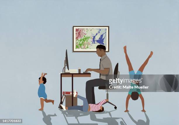 kids playing around father working from home at computer in home office - family house stock illustrations