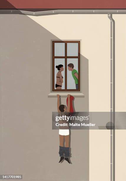 bildbanksillustrationer, clip art samt tecknat material och ikoner med man hanging from window of married lover - infidelity