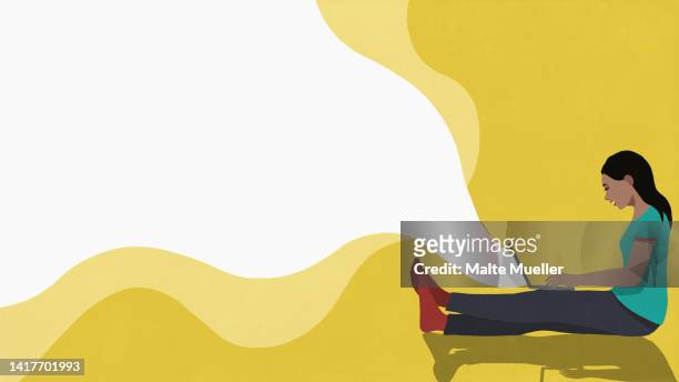 woman with laptop social networking on yellow background - computer software stock illustrations
